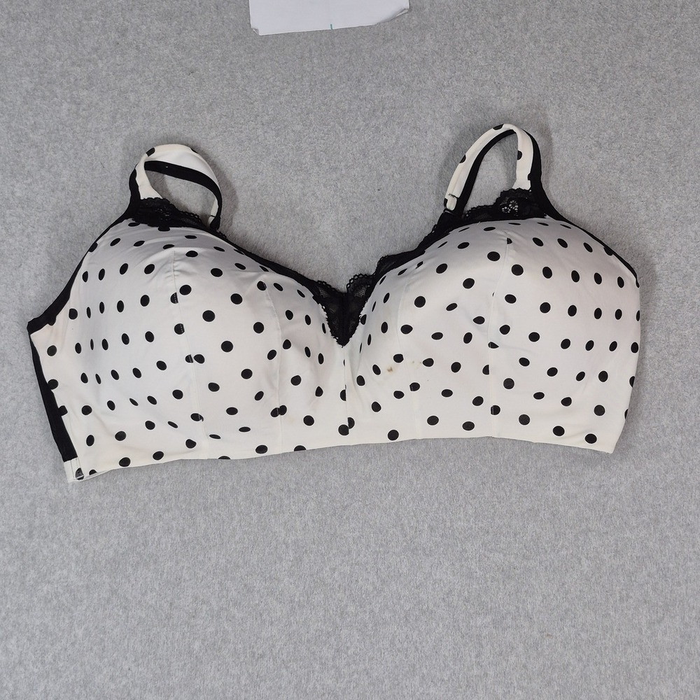 Cacique Women Bra 50DDD White Polka Dot T Shirt Wireless Lace Strap READ